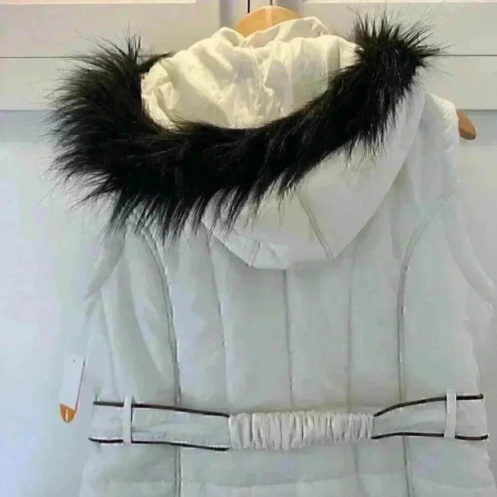Sporto Women’s Puffer Vest Cream Faux Fur Trim Hooded Drawstring Size Medium NWT - Picture 12 of 13